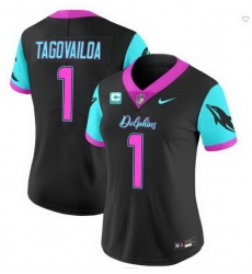 Women Miami Dolphins 1 Tua Tagovailoa Black F U S E  With 2 Star C Patch  27Miami Vice 27 Vapor Limited Stitched Football Jersey