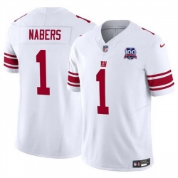 Men New York Giants 1 Malik Nabers White 2024 Draft F U S E  100TH Season Patch Vapor Untouchable Limited Stitched Jersey