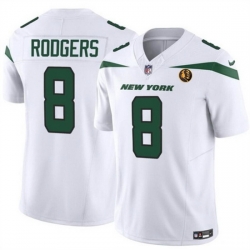 Men New York Jets 8 Aaron Rodgers White 2023 F U S E  With John Madden Patch Vapor Limited Stitched Football Jersey
