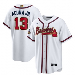 Men Atlanta Braves 13 Ronald Acuna Jr 2022 White Gold World Series Champions Program Cool Base Stitched Baseball jersey