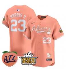 Men Atlanta Braves 23 Michael Harris II Peach 2024 Atliens  26 Peach With Outkast Patch Vapor Limited Stitched Baseball Jersey