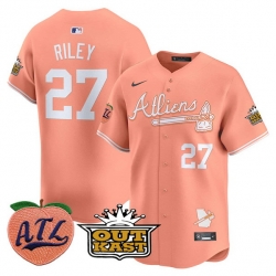 Men Atlanta Braves 27 Austin Riley Peach 2024 Atliens  26 Peach With Outkast Patch Vapor Limited Stitched Baseball Jersey