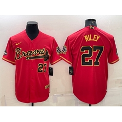 Men Atlanta Braves 27 Austin Riley Red Gold Cool Base Stitched Baseball Jersey