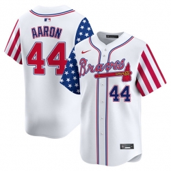 Men Atlanta Braves 44 Hank Aaron White 2024 Independence Day Vapor Limited Stitched Baseball Jersey