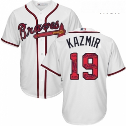 Mens Majestic Atlanta Braves 19 Scott Kazmir Authentic White Team Logo Fashion Cool Base MLB Jersey 