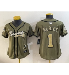Women Atlanta Braves 1 Ozzie Albies Olive 2026 Armed Forces Day Stitched Baseball Jersey Women Atlanta Braves 1 Ozzie Albies Olive 2026 Armed Forces Day Stitched Baseball Jersey