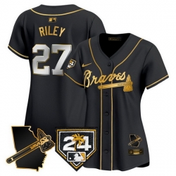 Women Atlanta Braves 27 Austin Riley Black Gold 2024 Spring Training  26 Georgia Patch Vapor Limited Stitched Baseball Jersey 