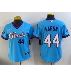 Women Atlanta Braves 44 Hank Aaron Powder Blue 2026 City Connect Stadium Stitched Baseball Jersey Women Atlanta Braves 44 Hank Aaron Powder Blue 2026 City Connect Stadium Stitched Baseball Jersey