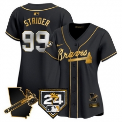 Women Atlanta Braves 99 Spencer Strider Black Gold 2024 Spring Training  26 Georgia Patch Vapor Limited Stitched Baseball Jersey 