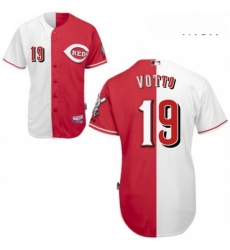 Mens Majestic Cincinnati Reds 19 Joey Votto Authentic RedWhite Split Fashion MLB Jersey