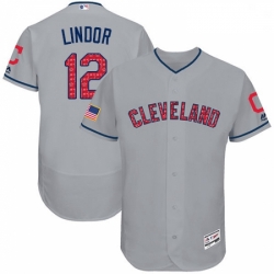 Mens Majestic Cleveland Indians 12 Francisco Lindor Grey Stars Stripes Collection 2018 World Series Jersey Flex Bas