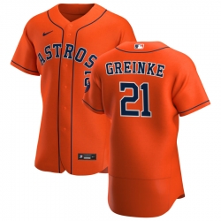 Men Houston Astros 21 Zack Greinke Men Nike Orange Alternate 2020 Flex Base Team MLB Jersey