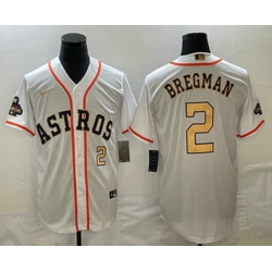 Men's Houston Astros #2 Alex Bregman Number 2023 White Gold World Serise Champions Patch Cool Base Stitched Jersey