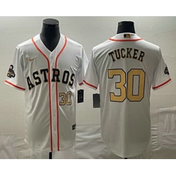 Men's Houston Astros #30 Kyle Tucker Number 2023 White Gold World Serise Champions Patch Cool Base Stitched Jersey1