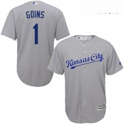 Mens Majestic Kansas City Royals 1 Ryan Goins Replica Grey Road Cool Base MLB Jersey 