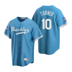 Men Brooklyn Los Angeles Dodgers 10 Justin Turner Light Blue 2020 World Series Champions Cooperstown Collection Jersey