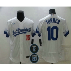 Men Los Angeles Dodgers 10 Justin Turner White 2 20 Patch City Connect Flex Base Stitched Jersey