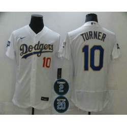 Men Los Angeles Dodgers 10 Justin Turner White Gold 2 20 Patch Stitched MLB Flex Base Nike Jersey