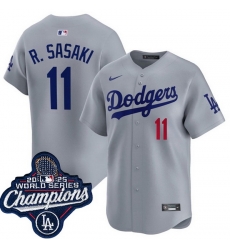 Men Los Angeles Dodgers 11 Roki Sasaki Grey 2025 World Series Champions Patch Limited Stitched Baseball Jersey Men Los Angeles Dodgers 11 Roki Sasaki Grey 2025 World Series Champions Patch Limited Stitched Baseball Jersey