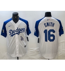 Men Los Angeles Dodgers 16 Will Smith White Blue Vin Patch Cool Base Stitched Baseball Jersey 9