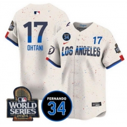 Men Los Angeles Dodgers 17 Shohei Ohtani Cream 2024 World Series With Fernando Memorial Patch City Connect Limited Stitched Baseball Jersey