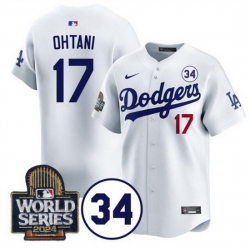 Men Los Angeles Dodgers 17 Shohei Ohtani White 2024 World Series With No  34 Patch Limited Stitched Baseball Jersey