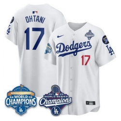 Men Los Angeles Dodgers 17 Shohei Ohtani White 2025 World Series Champions  26 Back to Back Champions With No 34 Patch Limited Stitched Baseball Jersey