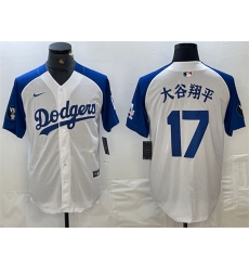 Men Los Angeles Dodgers 17 Shohei Ohtani White Blue Vin Patch Cool Base Stitched Baseball Jersey