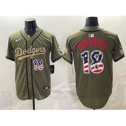 Men Los Angeles Dodgers  18 Yoshinobu Yamamoto Olive 2026 Armed Forces Day USA 250 Fourth of July Stitched Baseball Jersey