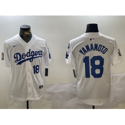 Men Los Angeles Dodgers 18 Yoshinobu Yamamoto White 2024 World Series With Fernando Memorial Patch Home Limited Stitched Baseball Jersey