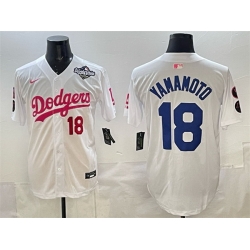 Men Los Angeles Dodgers 18 Yoshinobu Yamamoto White Pink 2025 World Series Vin  26 Kobe Patch Limited Stitched Baseball Jersey