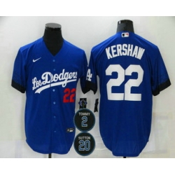 Men Los Angeles Dodgers 22 Clayton Kershaw Blue 2 20 Patch City Connect Number Cool Base Stitched Jersey