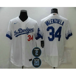 Men Los Angeles Dodgers 34 Fernando Valenzuela White 2 20 Patch City Connect Flex Base Stitched Jersey