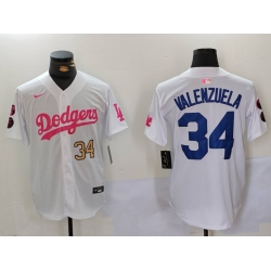 Men Los Angeles Dodgers 34 Fernando Valenzuela White Pink Vin  26 Kobe Patch Stitched Baseball Jersey 2