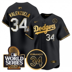 Men Los Angeles Dodgers 34 Toro Valenzuela Black Gold 2024 World Series With Fernando Memorial Patch Limited Stitched Baseball Jersey