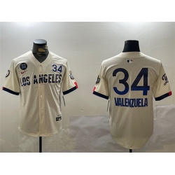 Men Los Angeles Dodgers 34 Toro Valenzuela Cream 2024 World Series With Fernando Memorial Patch City Connect Limited Stitched Baseball Jersey