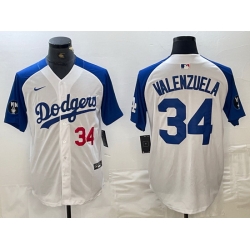 Men Los Angeles Dodgers 34 Toro Valenzuela White Blue Vin Patch Cool Base Stitched Baseball Jersey  10