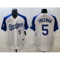 Men Los Angeles Dodgers 5 Freddie Freeman White Blue Vin Patch Cool Base Stitched Baseball Jersey 1