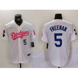 Men Los Angeles Dodgers 5 Freddie Freeman White Pink Vin  26 Kobe Patch Stitched Baseball Jersey 2