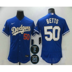 Men Los Angeles Dodgers 50 Mookie Betts Blue Gold 2 20 Patch Stitched MLB Flex Base Nike Jersey