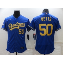 Men Los Angeles Dodgers 50 Mookie Betts Blue Gold 2020 World Series Flex Base Stitched Jersey