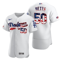 Men Los Angeles Dodgers 50 Mookie Betts Men Nike White Fluttering USA Flag Limited Edition Flex Base MLB Jersey