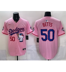 Men Los Angeles Dodgers 50 Mookie Betts Pink Hello Kitty Night 2025 World Series Champions Patch Stitched Baseball Jersey Men Los Angeles Dodgers 50 Mookie Betts Pink Hello Kitty Night 2025 World Series Champions Patch Stitched Baseball Jersey