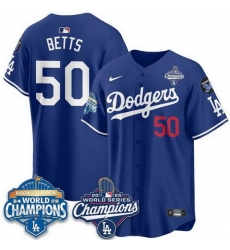 Men Los Angeles Dodgers 50 Mookie Betts Royal 2025 World Series Champions  26 Back to Back Champions With No 34 Patch Limited Stitched Baseball Jersey