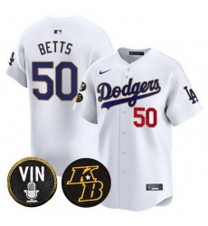 Men Los Angeles Dodgers 50 Mookie Betts White 2026 Vin Kobe Patch Gold Trim Vapor Premier Limited Stitched Baseball Jersey Men Los Angeles Dodgers 50 Mookie Betts White 2026 Vin Kobe Patch Gold Trim Vapor Premier Limited Stitched Baseball Jersey