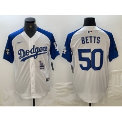 Men Los Angeles Dodgers 50 Mookie Betts White Blue Vin Patch Cool Base Stitched Baseball Jersey 5