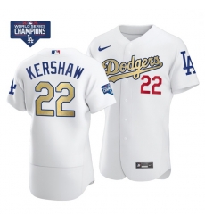 Men Los Angeles Dodgers Clayton Kershaw 22 Gold Program White Flex Base Stitched Jersey