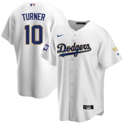 Men Los Angeles Dodgers Justin Turner 10 Championship Gold Trim White Limited All Stitched Cool Base Jersey