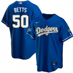 Men Los Angeles Dodgers Mookie Betts 50 Championship Gold Trim Blue Limited All Stitched Cool Base Jersey