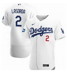 Men Los Angeles Dodgers Tommy Lasorda White Flex Base Jersey